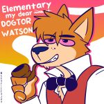  2022 anthro bow_tie brown_body brown_fur brown_hair canid canine canis clothing dialogue domestic_dog drugs fangs fizzyjay fur grin hair hi_res male mammal marijuana sherlock_hound sherlock_hound_(series) smile smoking_pipe solo stoned substance_intoxication suit tan_body tan_fur 