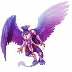  anthro armor avian beak big_wings black_claws blue_body blue_feathers blue_tail blue_wings brown_eyes claws feathered_wings feathers glistening glistening_eyes head_tuft imperatorcaesar male mouth_closed multicolored_body multicolored_feathers orange_beak purple_body purple_feathers purple_head_tuft purple_tail_tuft purple_wings signature simple_background solo tail_tuft tuft two_tone_body two_tone_feathers two_tone_wings white_background wings 