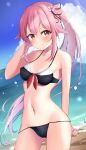  1girl adapted_costume beach bikini black_bikini blue_sky breasts cloud contrapposto day harusame_(kancolle) horizon kantai_collection looking_at_viewer medium_breasts nekoya_crow ocean outdoors pink_hair red_eyes side_ponytail sky small_breasts solo swimsuit water 