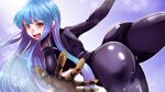  1girl ass bangs blue_hair bodysuit breasts gloves kula_diamond long_hair looking_at_viewer medium_breasts purple_eyes shimazu_kaname smile snowflakes the_king_of_fighters the_king_of_fighters_xv 