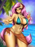  absurd_res anthro anthrofied ashimaroo beach beverage big_breasts bikini breasts clothed clothing cutie_mark equid equine female fluttershy_(mlp) friendship_is_magic hi_res holding_beverage holding_object mammal my_little_pony seaside solo swimwear wide_hips 