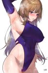  1girl arm_up armpits blue_gloves blue_leotard blush breasts brown_hair commentary covered_navel covered_nipples cowboy_shot elbow_gloves from_side gloves groin highleg highleg_leotard highres karinto_yamada large_breasts leotard lips long_hair looking_down open_mouth original purple_eyes sideboob signature simple_background skindentation solo standing steaming_body straight_hair thighs white_background 