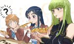  3girls blazer blue_bow blue_bowtie blue_hair bow bowtie brown_eyes brown_hair brown_jacket c.c. cheese_trail code_geass crossover cup disposable_cup dress_shirt eating food futari_wa_precure green_hair hair_ornament hairclip holding holding_food holding_pizza jacket karen_le_cao long_sleeves misumi_nagisa multiple_girls pizza pizza_box pizza_slice precure purple_eyes school_uniform shirt short_hair verone_gakuin_school_uniform voice_actor_connection white_shirt yellow_eyes yukana yukishiro_honoka 