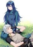  1boy 1girl ameno_(a_meno0) bangs belt black_gloves blue_eyes blue_hair blue_sweater blush brown_belt brown_eyes closed_mouth collarbone commentary_request fire_emblem fire_emblem_awakening gloves grass hair_between_eyes high_collar lap_pillow long_hair long_sleeves lucina_(fire_emblem) lying one_eye_closed open_mouth outdoors ribbed_sweater robin_(fire_emblem) robin_(fire_emblem)_(male) seiza short_hair short_sleeves sitting smile sweatdrop sweater teeth tiara turtleneck turtleneck_sweater upper_teeth white_hair 