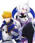  1boy 1girl arthur_pendragon_(fate) blonde_hair fate/grand_order fate_(series) green_eyes highres looking_at_viewer merlin_(fate/prototype) moedredd pointy_ears purple_eyes simple_background white_background white_hair 