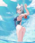  absurdres animal_ear_fluff animal_ears black_swimsuit blue_archive grey_hair highres medium_hair ocean shiroko_(blue_archive) shiroko_(swimsuit)_(blue_archive) starfish swimsuit wolf_ears 