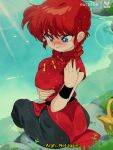  1girl annoyed arm_under_breasts black_pants blue_eyes bluethebone blush braid breasts china_dress chinese_clothes commentary day dress english_commentary english_text grass hair_over_shoulder highres kettle large_breasts long_hair nose_blush outdoors pants ranma-chan ranma_1/2 red_dress red_hair retro_artstyle saotome_ranma sash side_braid single_braid sitting sleeveless sleeveless_dress solo subtitled water wavy_mouth wet wet_clothes wet_hair wristband 