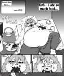  2018 absurd_res accessory anthro bed bedding belly big_belly blanket blush bottomwear bow_ribbon bowl breasts burping cake clothing comic container cooking_pot deep_navel dessert domestic_cat drawer english_text felid feline felis female food furniture hair hair_accessory hair_bow hair_ribbon hi_res if_hell_had_a_taste lying mammal marci_hetson monochrome navel obese obese_anthro obese_female on_back open_mouth overweight overweight_anthro overweight_female pants pillow plate ribbons shirt sloshing_belly solo stuffing text thick_thighs topwear tray viroveteruscy 