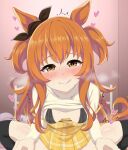  :p absurdres alternate_costume animal_ears bed blurry blurry_background blush bra breasts casual commentary_request heart heart-shaped_pupils highres horse_ears horse_tail implied_sex komesuke_(artist) mayano_top_gun_(umamusume) orange_hair saliva small_breasts spread_legs sweat symbol-shaped_pupils tail thighhighs tongue tongue_out umamusume underwear 