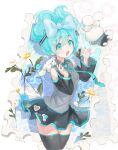  1girl 2others bangs black_skirt black_thighhighs blue_bow blue_eyes blue_hair blue_nails blue_necktie bow candy cinnamiku cinnamoroll cloud_hair_ornament commentary cosplay creature creature_on_shoulder daisy detached_sleeves flower food grey_shirt hair_between_eyes hair_bow hair_ornament hands_up hatsune_miku hatsune_miku_(cosplay) highres lollipop long_sleeves miniskirt multiple_others musical_note musical_note_hair_ornament nail_polish necktie on_shoulder open_mouth shirt skirt sleeveless sleeveless_shirt solo thighhighs updo vocaloid ziyue 