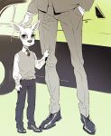  2boys arm_at_side beastars car child clothes_grab collared_shirt commentary deer_boy english_commentary father_and_son furry furry_male ground_vehicle hand_in_pocket hand_on_another&#039;s_head hand_up long_sleeves louis_(beastars) male_child male_focus monochrome motor_vehicle multiple_boys necktie ogma_(beastars) out_of_frame pants satsiy shirt shoes solo_focus vest younger 