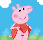  bottomless censored clothed clothing cursed_image domestic_pig female feral genitals mammal partially_translated peppa_pig_(character) pink_body pussy red_clothing simple_background solo suid suina sus_(pig) text translation_request what_has_science_done why young 