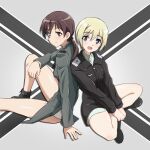  2girls back-to-back blonde_hair blue_eyes blush breasts brown_eyes closed_mouth erica_hartmann gertrud_barkhorn hair_ribbon highres looking_at_viewer military military_uniform multiple_girls open_mouth ribbon shiny shiny_hair shiny_skin short_hair sitting small_breasts strike_witches tricky_46 uniform world_witches_series 