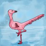  1:1 3_toes absurd_res ambiguous_gender beak black_beak black_claws blue_background claws dewclaw dinosaur feathered_dinosaur feathers feet feral hi_res kutv looking_back on_one_leg pink_body pink_feathers reptile scalie simple_background sinornithoides sketch sketch_background solo standing tagme toes water 