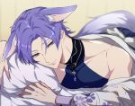  1boy animal_ears bangs bare_shoulders blurry blurry_background floral_print fox_boy fox_ears fox_tail heterochromia highres jewelry kuya_(nu_carnival) looking_at_viewer lying male_focus mole mole_under_eye nu_carnival on_stomach parted_bangs pendant pillow solo tail yadome810 