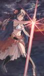  1girl bangs black_hair botan_m breasts cleavage cloak commentary energy_sword flower grey_eyes hair_flower hair_ornament highres lightning long_hair looking_at_viewer love_live! love_live!_nijigasaki_high_school_idol_club medium_breasts one_side_up sidelocks smile solo sword weapon yuuki_setsuna_(love_live!) 