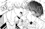  ! 2boys bakugou_katsuki boku_no_hero_academia burn_scar cake cake_slice dukak eating food food_on_face fork greyscale holding holding_fork imminent_kiss male_focus monochrome multicolored_hair multiple_boys open_mouth scar scar_on_face school_uniform spiked_hair split-color_hair spoken_exclamation_mark todoroki_shouto u.a._school_uniform yaoi 