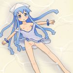  afloat bangle barefoot blue_eyes blue_hair blush bracelet dress fat_mons flat_chest hat ikamusume jewelry long_hair nipples off_shoulder outstretched_arms pussy see-through shinryaku!_ikamusume solo spread_arms water wet wet_clothes yuuichi_(tareme_paradise) 