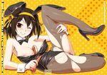  animal_ears bare_shoulders breasts brown_eyes brown_hair bunny_ears bunnysuit carrot high_heels large_breasts nipples one_eye_closed pantyhose shoes short_hair smile solo suzumiya_haruhi suzumiya_haruhi_no_yuuutsu tomomimi_shimon torn_clothes torn_legwear vibrator wrist_cuffs 