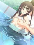  1girl bow bow_panties breast_grab breasts brown_eyes brown_hair fault!! grabbing hetero long_hair medium_breasts naughty_face nipples panties partially_submerged petite pool school_uniform shirt_lift smile striped striped_panties sugiyama_mio tanaka_takayuki twintails underwear wet wet_clothes 