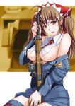 ahoge alicia_melchiott areolae between_breasts breasts brown_eyes brown_hair cum cum_on_body cum_on_breasts cum_on_clothes cum_on_hair cum_on_upper_body facial gun hairband inue_shinsuke large_breasts long_hair military military_uniform necktie no_bra off_shoulder open_clothes open_mouth open_shirt senjou_no_valkyria senjou_no_valkyria_1 shirt sitting skirt solo thighhighs torn_clothes twintails underboob uniform weapon 