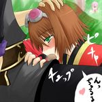  2girls 36 blood blush bob_cut brown_hair estellise_sidos_heurassein fellatio goggles green_eyes hetero multiple_girls nosebleed oral penis rita_mordio tales_of_(series) tales_of_vesperia yuri_lowell 