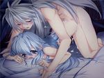  1girl animal_ears ashe_(under_the_moon) bed bed_sheet blue_eyes blue_hair blush closed_eyes cum cum_in_pussy doggystyle game_cg hetero kyle_(under_the_moon) long_hair nude open_mouth orgasm sex sheet_grab silver_hair tears top-down_bottom-up toujou_sakana under_the_moon 