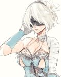  1girl arm_up arm_wrap black_blindfold black_hairband blindfold breasts choker cleavage closed_mouth covered_eyes flower hair_flower hair_ornament hairband lily lingerie medium_breasts mellow_rag nier_(series) nier_automata ribbon_choker short_hair simple_background solo underwear upper_body white_hair white_lily yorha_no._2_type_b 