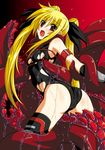  armband ass blonde_hair blush breasts covered_nipples fate_testarossa from_behind fumihiro long_hair looking_back lyrical_nanoha mahou_shoujo_lyrical_nanoha rape red_eyes slime small_breasts solo tentacles thighhighs torn_clothes twintails very_long_hair 