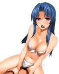  1girl a1 bikini bikini_aside blue_hair blush breasts cleavage clothed_sex cowgirl_position front-tie_top girl_on_top hetero kawashima_ami large_breasts licking_lips long_hair pov pubic_hair purple_eyes sex side-tie_bikini simple_background solo_focus straddling swimsuit swimsuit_aside tongue tongue_out toradora! 
