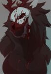  anthro black_body black_fur blood blood_in_mouth bodily_fluids bone breasts canid canine crowlix fangs female fur hi_res horn mammal open_mouth open_smile red_eyes scary simple_background skull skull_head smile solo teeth tongue tongue_out 
