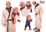  2boys alternate_universe artist_name brown_eyes carrying child clenched_hands dual_persona face_punch facial_tattoo full_body in_the_face itadori_yuuji jujutsu_kaisen lightningstrikes long_sleeves looking_at_another male_child male_focus multiple_boys multiple_views open_mouth pink_hair punching ryoumen_sukuna_(jujutsu_kaisen) short_hair simple_background spiked_hair standing tattoo thought_bubble undercut white_background younger 