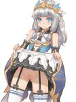  1girl absurdres ass_visible_through_thighs bangs bare_shoulders beatrice_(rune_factory) black_garter_straps blue_eyes breasts bridal_gauntlets cleft_of_venus clothes_lift cowboy_shot detached_sleeves dress dress_lift garter_straps grey_hair highres long_hair looking_at_viewer no_panties pasheri pussy rune_factory rune_factory_5 small_breasts solo thighhighs upskirt white_thighhighs 