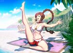  1girl ass ass_visible_through_thighs avatar:_the_last_airbender avatar_(series) beach beach_towel bikini bird breasts brown_hair choker covered_nipples feet genzoman grey_eyes hairband large_breasts leg_up long_hair midriff nipples palm_tree ponytail red_choker red_hairband red_shorts revealing_clothes seagull shorts smile spread_legs swimsuit toned towel tree ty_lee white_bikini 