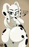  101_dalmatian_street 101_dalmatians 2022 absurd_res anthro big_breasts big_butt black_nose blue_eyes breasts butt canid canine canis dalmatian dialogue digital_media_(artwork) disney dolly_(101_dalmatians) domestic_dog english_text eyebrows eyelashes female hi_res huge_butt looking_at_viewer looking_back looking_back_at_viewer mammal nr_ac side_boob simple_background solo speech_bubble spots talking_to_viewer text thick_thighs 