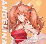  1girl :d angelina_(arknights) angelina_(summer_flowers)_(arknights) animal_ears arknights bare_shoulders breasts brown_hair casual_one-piece_swimsuit character_name collar collarbone fox_ears hair_ribbon infection_monitor_(arknights) jewelry long_hair looking_at_viewer medium_breasts necklace off_shoulder official_alternate_costume one-piece_swimsuit orange_background parted_lips red_eyes red_ribbon red_swimsuit ribbon simple_background smile solo swimsuit swimsuit_cover-up tujichazha twintails upper_body 