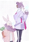  2girls backpack bag beads beastars black_nails black_shorts blue-tinted_eyewear blue_eyes blush breath carrot closed_eyes coat copyright_name cup disposable_cup earclip eyewear_strap furry furry_female glasses gradient grey_coat hand_up hands_up haru_(beastars) height_difference holding holding_another&#039;s_tail holding_cup hood hood_down hooded_coat juno_(beastars) looking_at_another looking_away looking_down multiple_girls pants pants_under_shorts parted_lips pink-framed_eyewear pink_coat pocket rabbit_girl round_eyewear shorts sideways_glance smile steam suda-rinrinko sweater tail tail_wrap tinted_eyewear track_pants turtleneck white_background white_sweater winter_clothes wolf_girl 