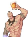  1boy aaron_huton_(cyphers) abs arm_tattoo arm_up bandaid bandaid_on_cheek bandaid_on_face bara beard beer_mug black_hair brk_603 chain_necklace cup cyphers dog_tags facial_hair grin highres jewelry large_pectorals male_focus mature_male mug muscular muscular_male necklace nipples pants pectorals short_hair smile solo stomach tattoo topless_male upper_body white_hair 