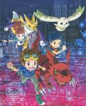  absurdres blue_hair brown_hair child city closed_mouth denim digimon digimon_(creature) digimon_tamers fangs female_child flying furry furry_female goggles goggles_on_head green_footwear guilmon highres jeans li_jianliang makino_ruki matsuda_takato multiple_boys non-web_source official_art open_mouth pants purple_hair running scan smile teeth upper_teeth 