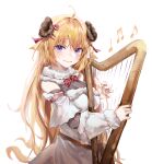  1girl absurdres animal_ears bangs blonde_hair blush bow breasts closed_mouth cocoballking dress fur-trimmed_dress fur_trim hair_between_eyes harp highres holding holding_instrument hololive horns instrument large_breasts long_hair looking_at_viewer music playing_instrument purple_eyes red_bow sheep_ears sheep_girl sheep_horns solo tsunomaki_watame upper_body very_long_hair virtual_youtuber white_dress 