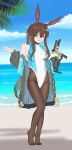  1girl :d absurdres amiya_(arknights) animal_ears arknights bare_shoulders beach black_coat blue_eyes blue_nails blue_sky blush brown_pantyhose clothes_writing coat collar competition_swimsuit covered_collarbone dax full_body gun highres holding holding_gun holding_weapon horizon infection_monitor_(arknights) long_hair looking_at_viewer nail_polish no_shoes ocean one-piece_swimsuit open_clothes open_coat open_mouth outdoors pantyhose pantyhose_under_swimsuit ponytail rabbit_ears sidelocks sky smile solo standing swimsuit swimsuit_under_clothes thighband_pantyhose trigger_discipline unfinished very_long_hair water weapon white_swimsuit zenge_hd 