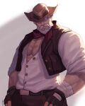  1boy artist_request bara beard bell blue_eyes character_request cowbell cowboy_hat cowboy_western cropped_jacket cyphers facial_hair glowing glowing_eyes hat highres jacket large_pectorals leather leather_jacket male_focus mature_male muscular muscular_male mustache old old_man pectoral_cleavage pectorals shirt short_hair sleeves_rolled_up solo thumb_in_pocket white_hair white_shirt 