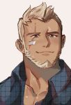  1boy aaron_huton_(cyphers) alternate_costume bandaid bandaid_on_cheek bandaid_on_face bara beard black_hair blue_shirt brk_603 checkered_clothes checkered_shirt collared_shirt cyphers facial_hair looking_to_the_side male_focus mature_male muscular muscular_male pectoral_cleavage pectorals portrait scar scar_across_eye shirt short_hair smile solo spiked_hair thick_eyebrows white_hair 