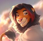  2022 anthro black_hair day detailed_background digital_media_(artwork) eyebrows eyelashes felid hair lion male mammal outside pantherine pink_nose red_eyes sky smile smileeeeeee solo whiskers 