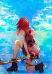  1girl bare_arms belt black_footwear boots cloud cloudy_sky dress facing_away fighting_stance from_behind full_body highres holding holding_weapon hood hood_down hooded_dress kairi_(kingdom_hearts) keyblade kingdom_hearts kingdom_hearts_iii medium_hair one_knee pink_dress pleated_dress red_hair reflective_floor sera_(serappi) sky sleeveless sleeveless_dress solo weapon wiping_face 