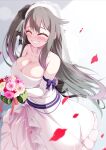  1girl alternate_costume azur_lane bouquet breasts cleavage closed_eyes dress elbow_gloves flower from_above gloves grey_hair highres holding holding_bouquet large_breasts long_hair mikage_(shibi) pamiat_merkuria_(azur_lane) pink_flower smile solo strapless strapless_dress very_long_hair wedding_dress white_dress white_flower white_gloves yellow_flower 