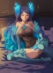  1girl ale_(ale_halexxx) bare_shoulders bed blue_eyes blue_fire blue_gloves blue_hair boots breasts brighid_(xenoblade) chest_jewel double_bun facial_mark fiery_hair fire forehead_mark gloves gradient_hair hair_bun half-closed_eyes large_breasts long_hair looking_at_viewer multicolored_hair nipples on_bed purple_hair pussy revision see-through sitting sitting_on_bed smile solo thigh_boots thighhighs uncensored unusually_open_eyes very_long_hair xenoblade_chronicles_(series) xenoblade_chronicles_2 yokozuwari 
