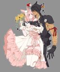  1boy 1girl animal_ears arm_around_neck arm_ribbon armor avatar_(ff14) bandaged_neck bandages bandaid bandaid_on_face bangs bare_shoulders black_gloves black_hair black_shirt blunt_bangs bomb_(final_fantasy) bouquet bow breasts cat_ears cloud_strife cloud_strife_(cosplay) cosplay couple cowboy_shot detached_sleeves dress earrings facial_mark falling_leaves final_fantasy final_fantasy_xiv flower flower_earrings frilled_dress frilled_thighhighs frills gloves grey_background hair_between_eyes hair_bow heart hetero high_collar highres holding holding_bouquet hug hug_from_behind jewelry kaka_ff14 leaf long_hair looking_at_another medium_breasts miqo&#039;te muscular muscular_male orange_eyes pale_skin panties parted_lips pink_hair pink_trim puffy_sleeves red_eyes red_ribbon ribbon shirt short_hair shoulder_armor sleeveless sleeveless_shirt sparkle striped striped_bow thigh_gap thighhighs underwear white_bow white_dress white_gloves white_panties white_thighhighs wolf yellow_flower 