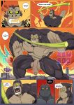  2022 anthro ape balls dialogue digital_media_(artwork) duo english_text fire genitals godzilla godzilla_(series) gorilla haplorhine hi_res kaiju king_kong male mammal melee_weapon muscular muscular_anthro muscular_male nipples open_mouth penis polearm primate speech_bubble text thymilph toho weapon 