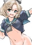  1girl 30-06 black_serafuku blonde_hair blue_eyes blush breasts commentary commentary_request covered_nipples cropped_shirt curly_hair dutch_angle green_sailor_collar grey_neckerchief hat highres janus_(kancolle) kantai_collection looking_at_viewer navel neckerchief no_panties out-of-frame_censoring sailor_collar school_uniform serafuku short_hair sketch small_breasts smile solo white_background 